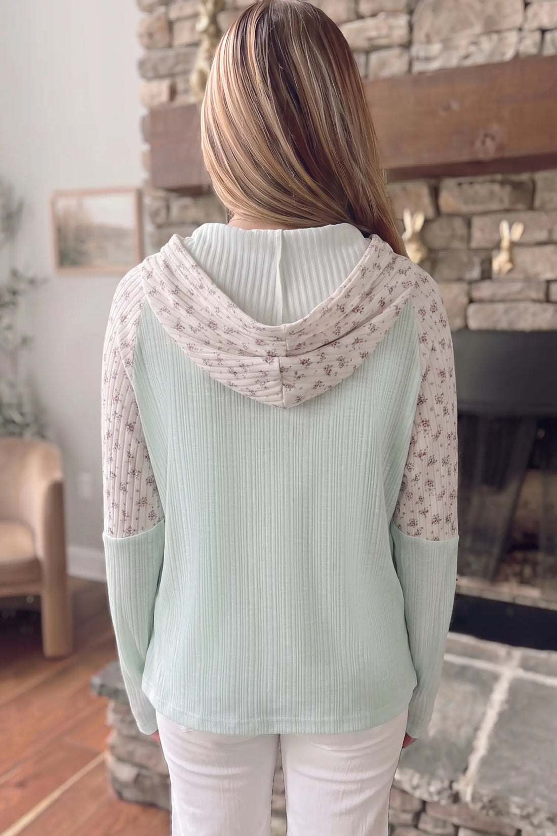 Textured Floral Patchwork Button Hooded Long Sleeve Top