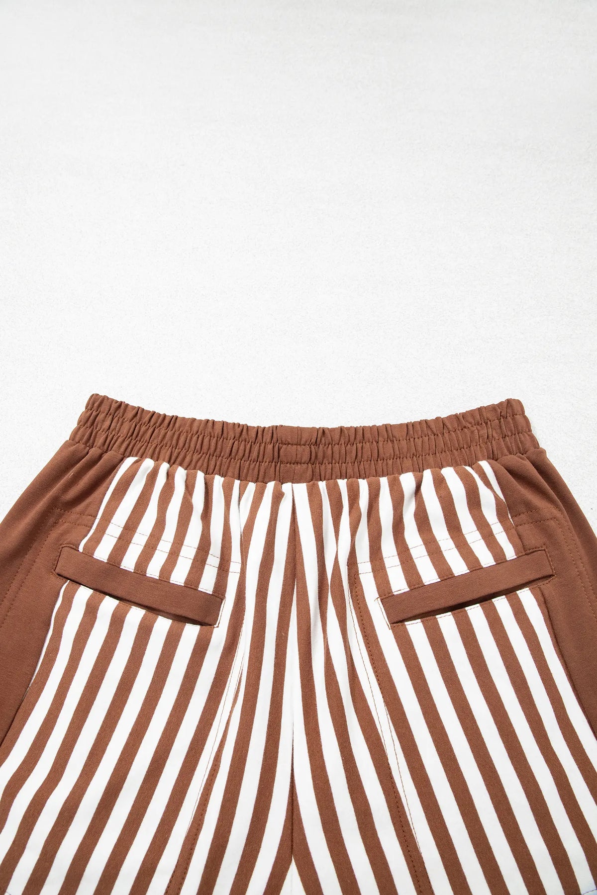 Colour Block Patchwork Quarter Zip Pullover Sporty Shorts Set – Brown Stripe