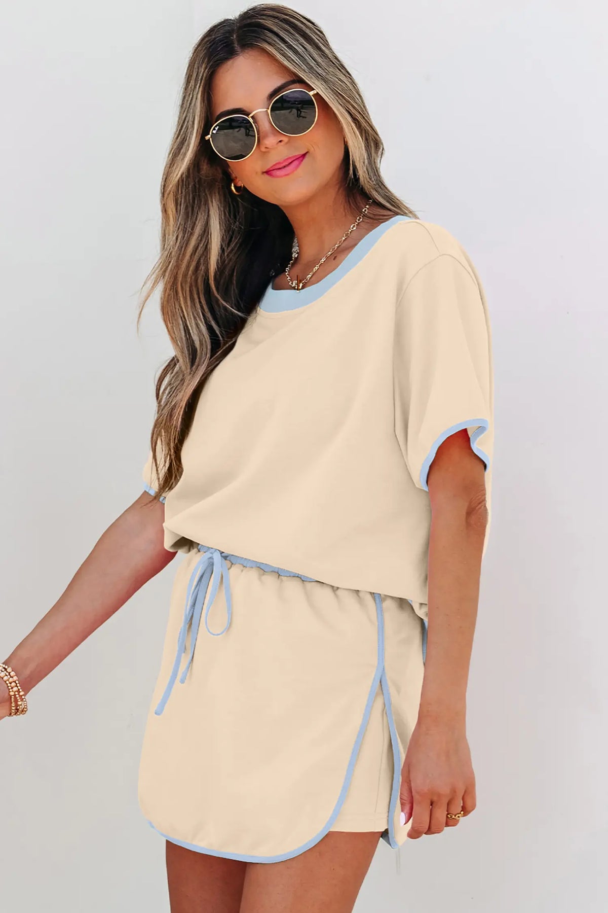 Apricot Colourblock Edge Drop Shoulder T Shirt and Skort 2Pcs Set – Beige