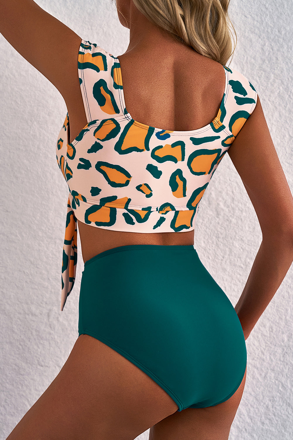 Green Leopard Print U Neck Knotted High Waist Bikini Set eAura