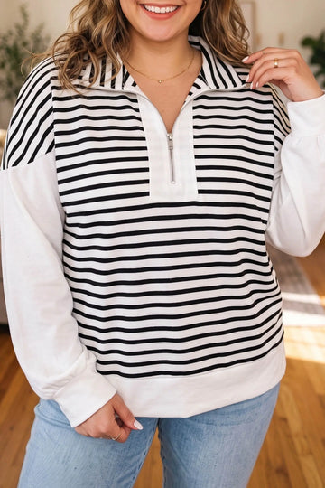 Striped Colourblock V Neck Long Sleeve Shift Plus Size Blouse – White Stripe