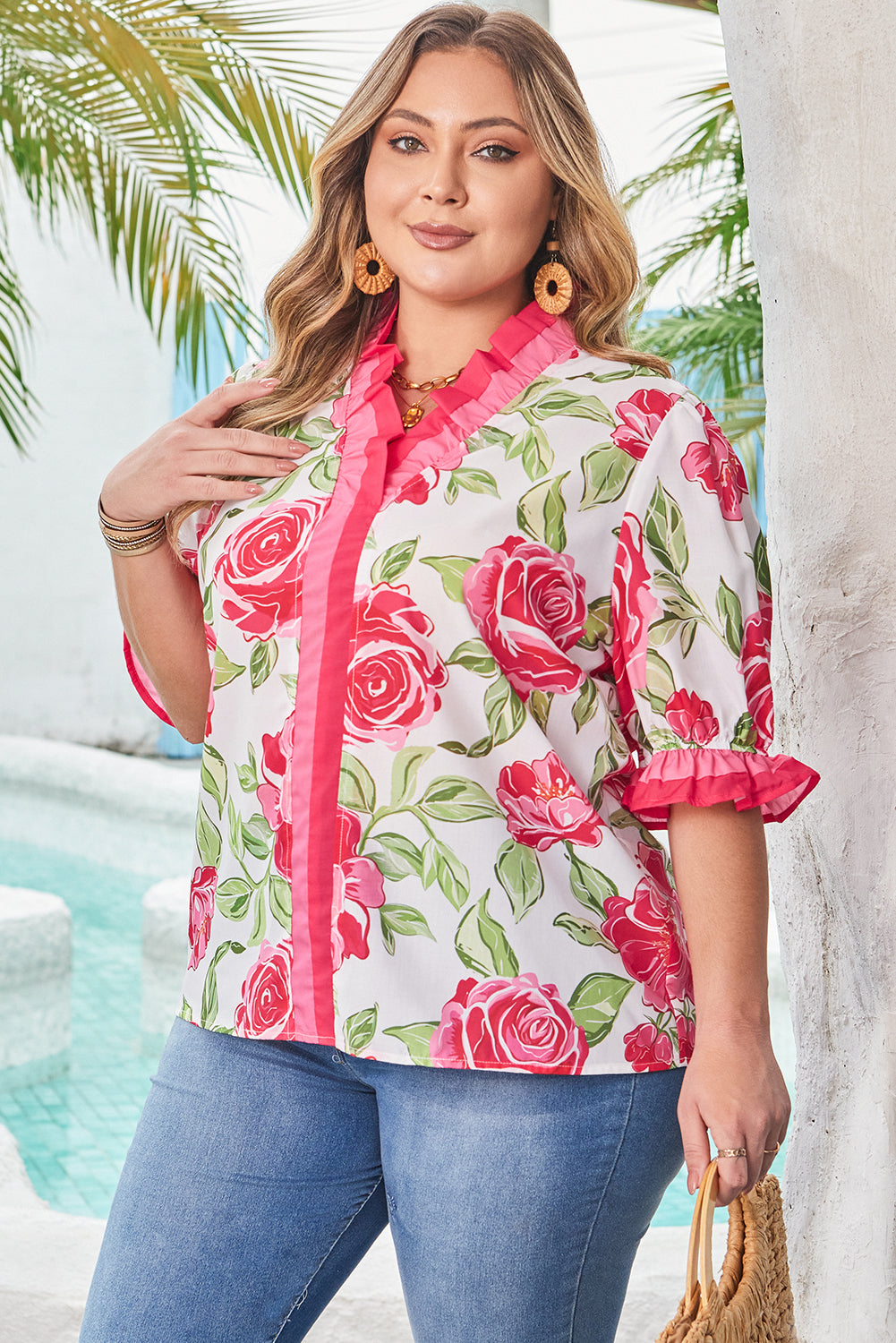 Plus Size Floral Print Frilled Stripe Short Sleeve Blouse – Rose