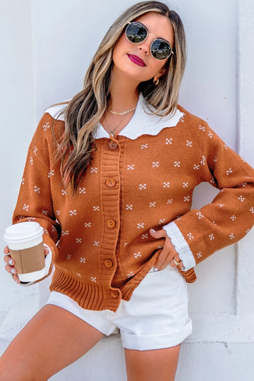 Peter Pan Collar Colourblock Long Sleeve Knitwear Cardigan – Russet Orange