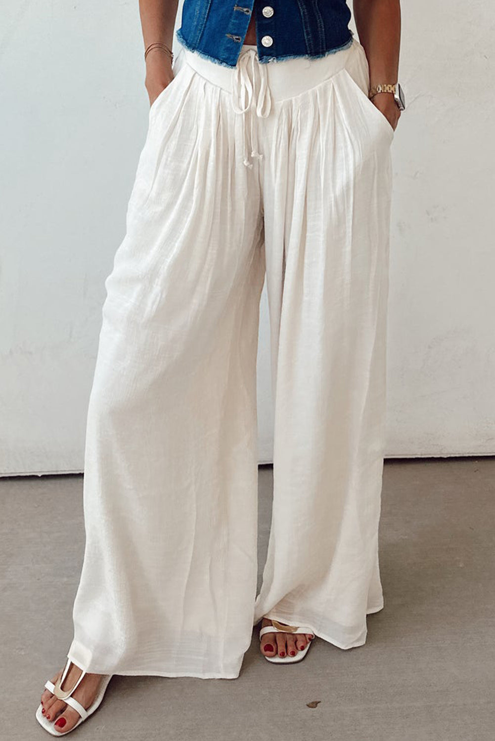 White Casual Tie Waist Pleated Wide Leg Pants BB Fashion Outlet