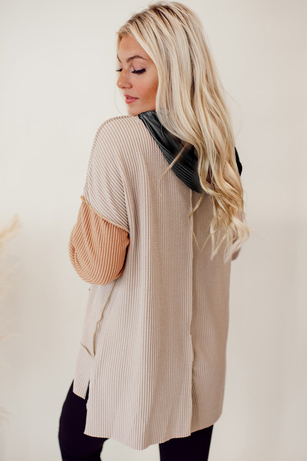 Smoke Grey Colour Block High Low Textured Hoodie eAura