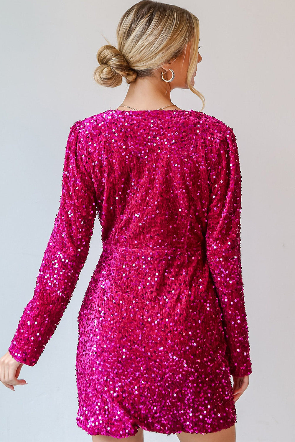Sequin Long Sleeve V-Neck Wrapped Mini Dress - eAura