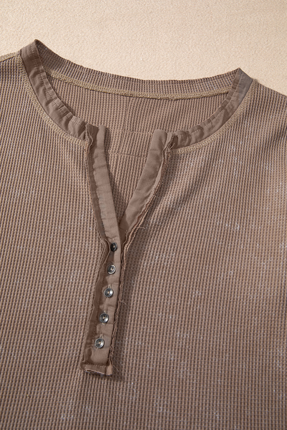 Smoke Green Acid Wash Waffle Knit Buttoned Neckline Long Sleeve Top Beagle Boutique Fashion Outlet