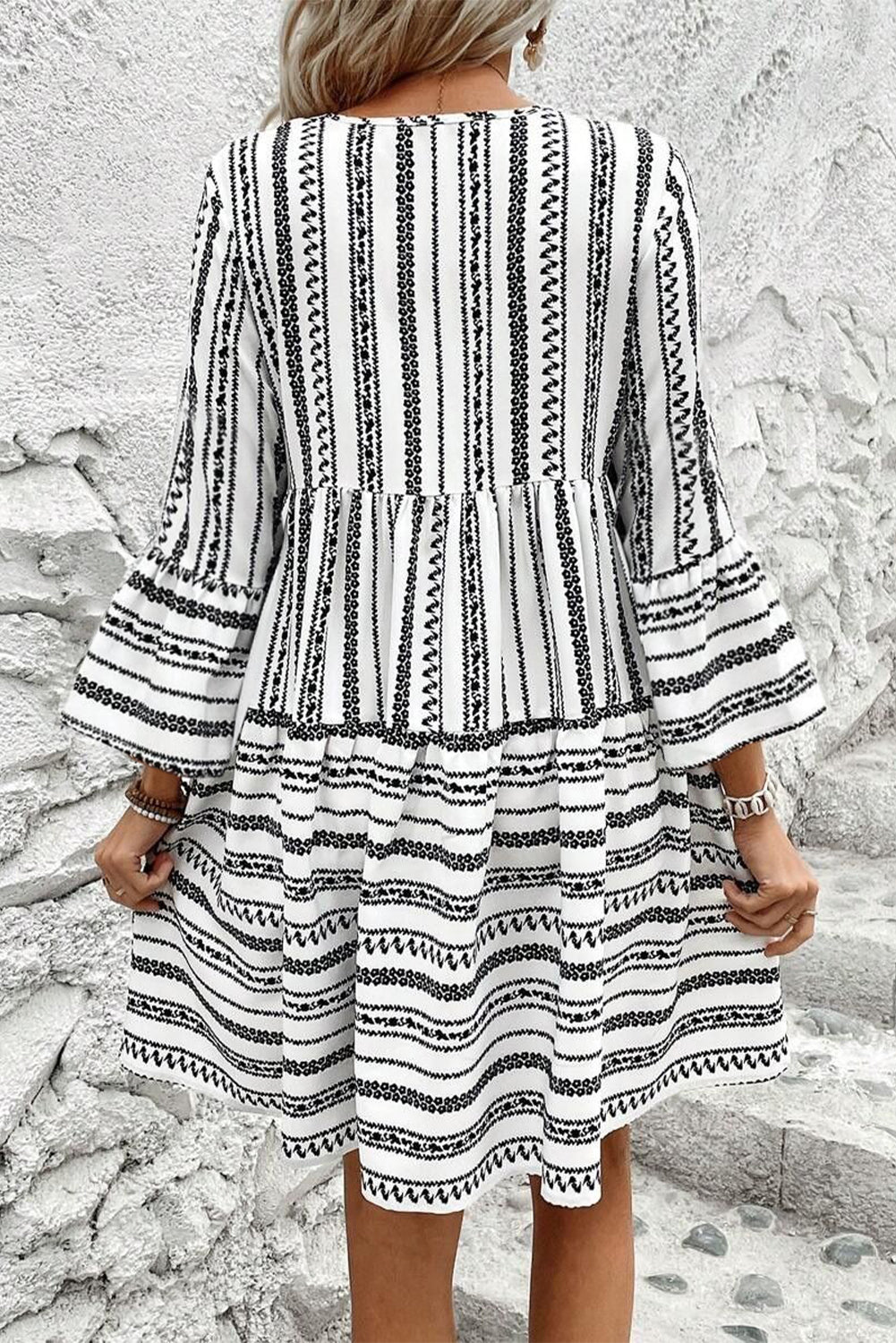 Black Stripe V Neck Bell Sleeve High Waist Mini Dress eAura