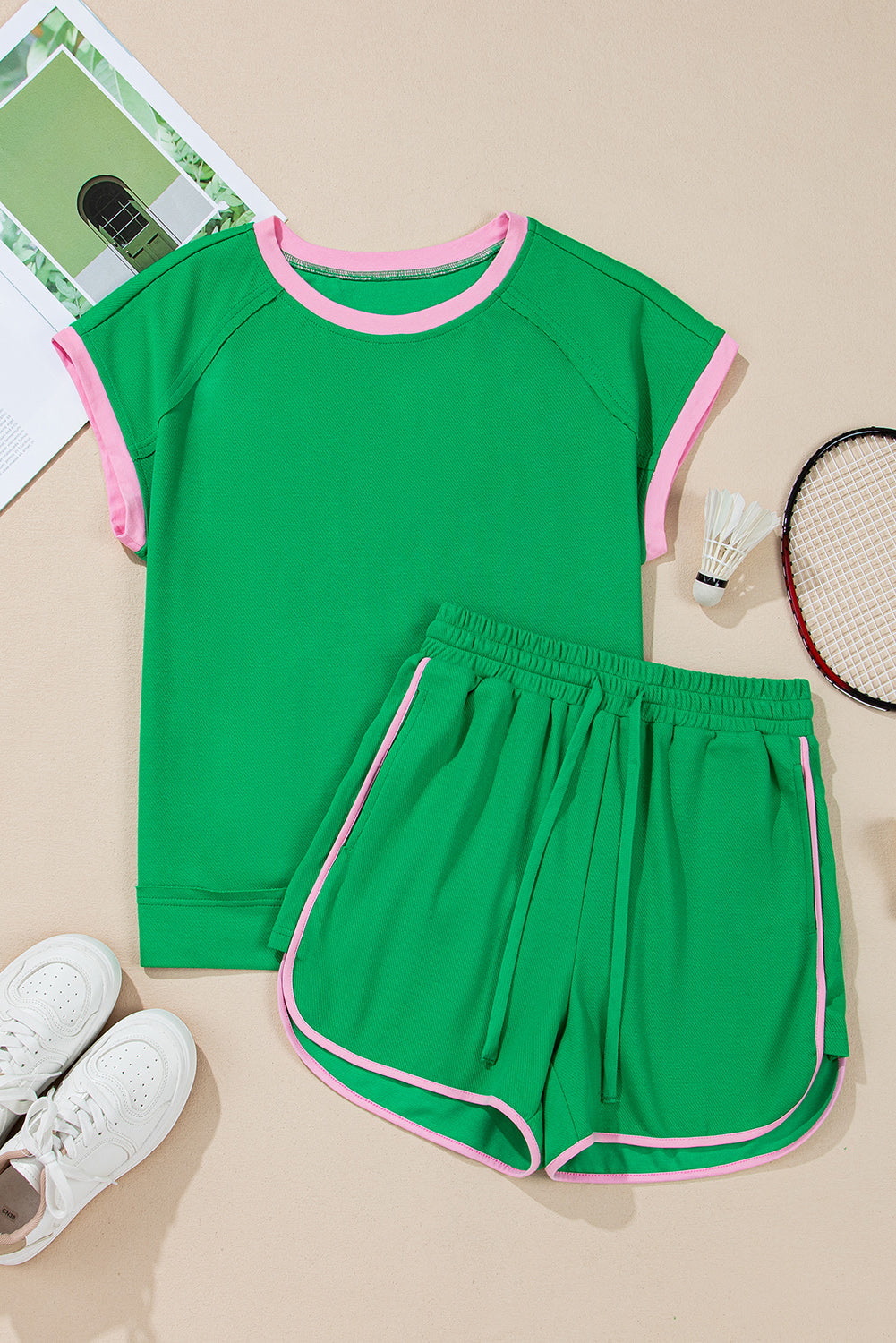 Bright Green Two Tone Contrast Textured Crewneck Tee and Shorts Set eAura