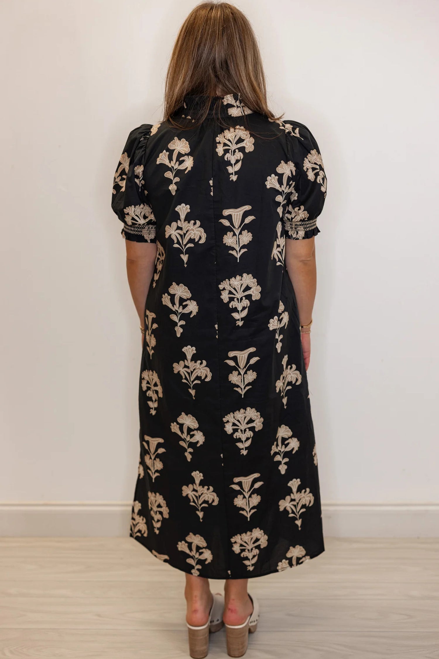 Floral Print Frilled Collar Short Puff Sleeve Plus Size Maxi Dress