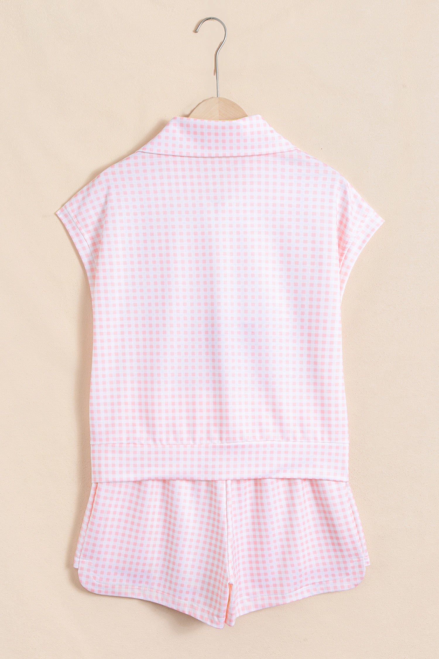 Pink Plaid Zip Neck Sleeveless Top & Elastic Waist Shorts Two Piece Set