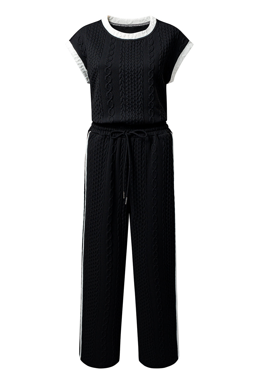 Black Cable Knit Contrast Trim Short Sleeve Top and Trousers Set eAura
