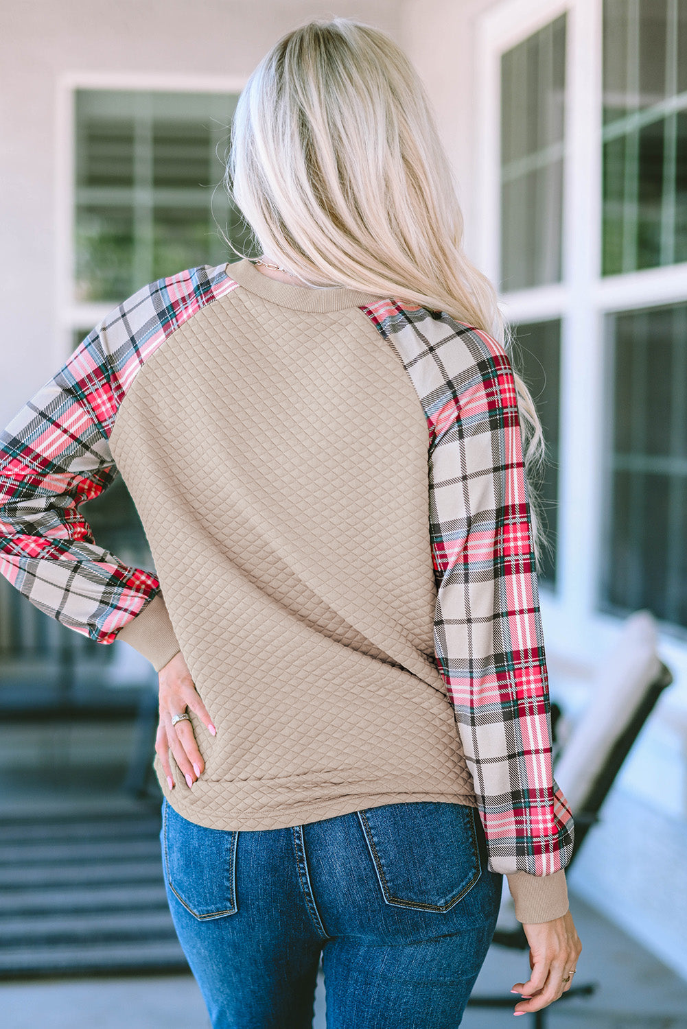 Apricot Plaid Raglan Sleeve Sweatshirt eAura