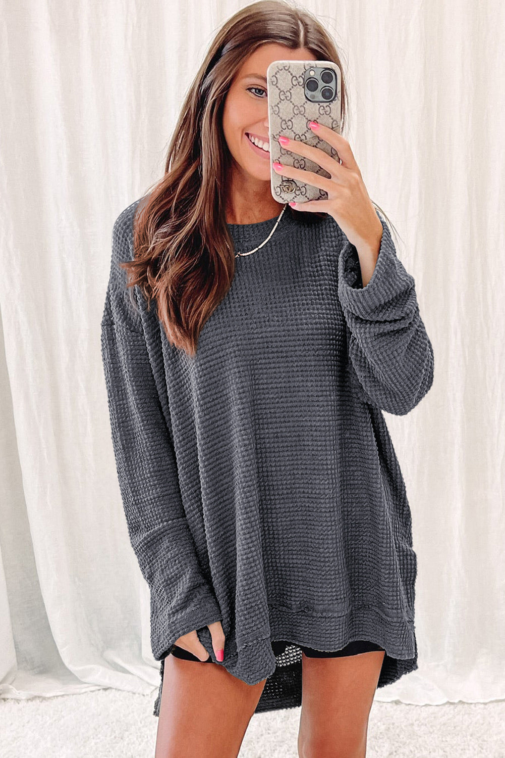 Khaki Waffle Knit High Slits Oversized Top - eAura