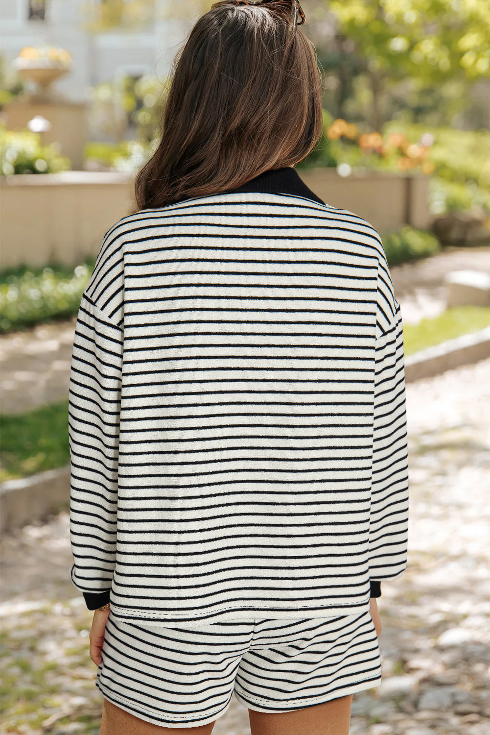 Black Stripe Collared Long Sleeve Top and Drawstring Shorts Set eAura