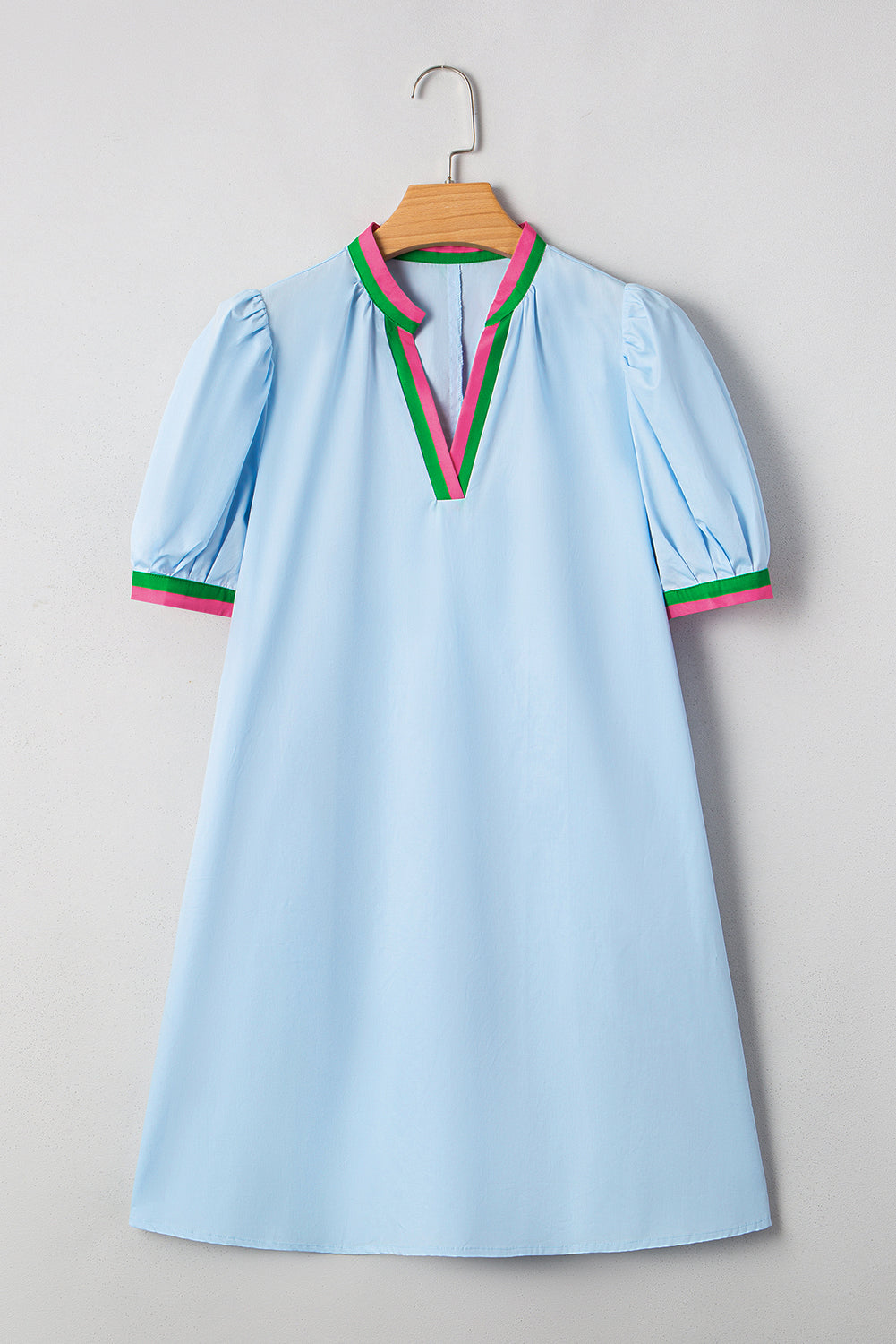 Myosotis Contrast Striped Notched V-Neck Puff Sleeve Mini Dress eAura