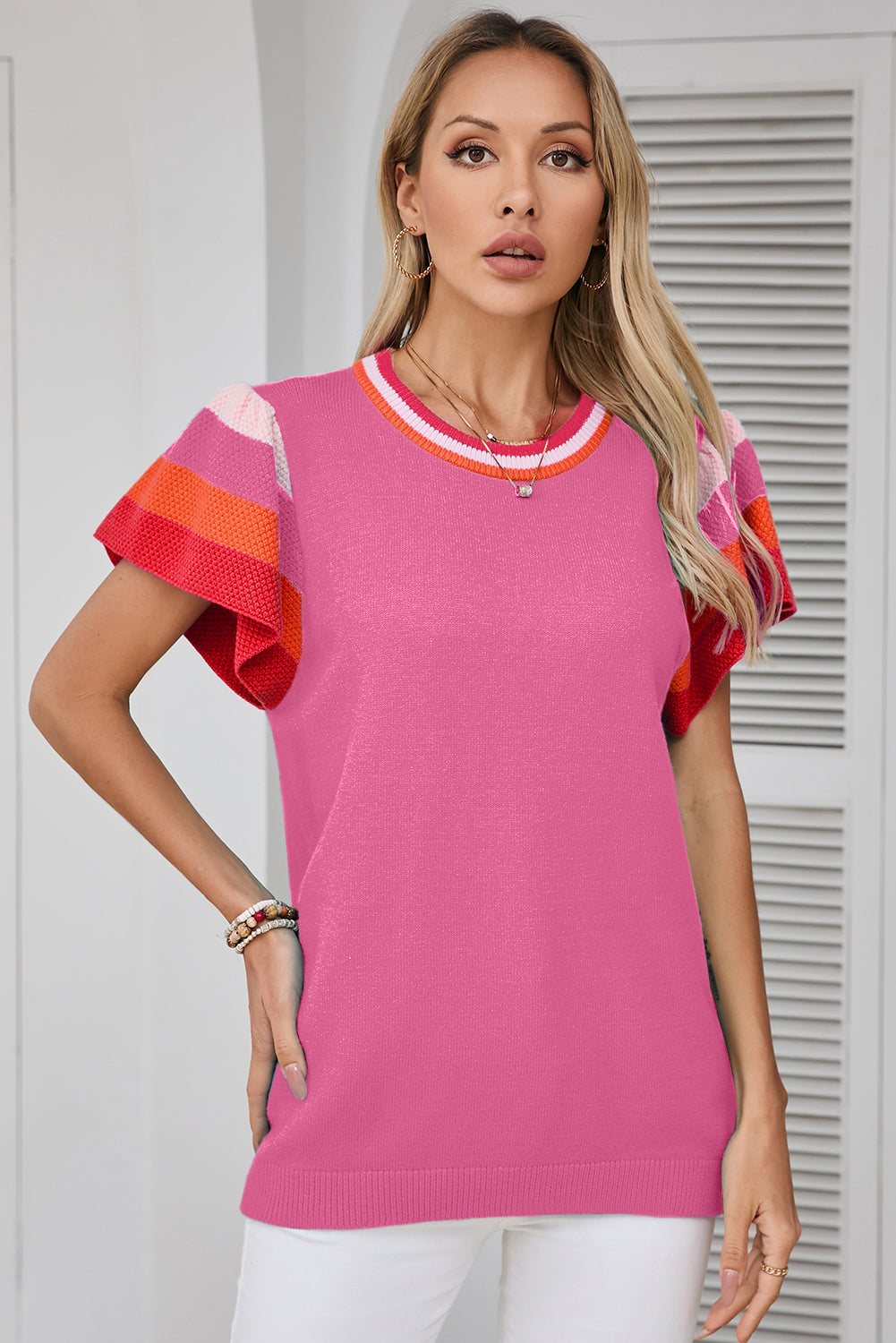 Turquoise Contrast Flutter Sleeves Knitted Sweater T Shirt eAura