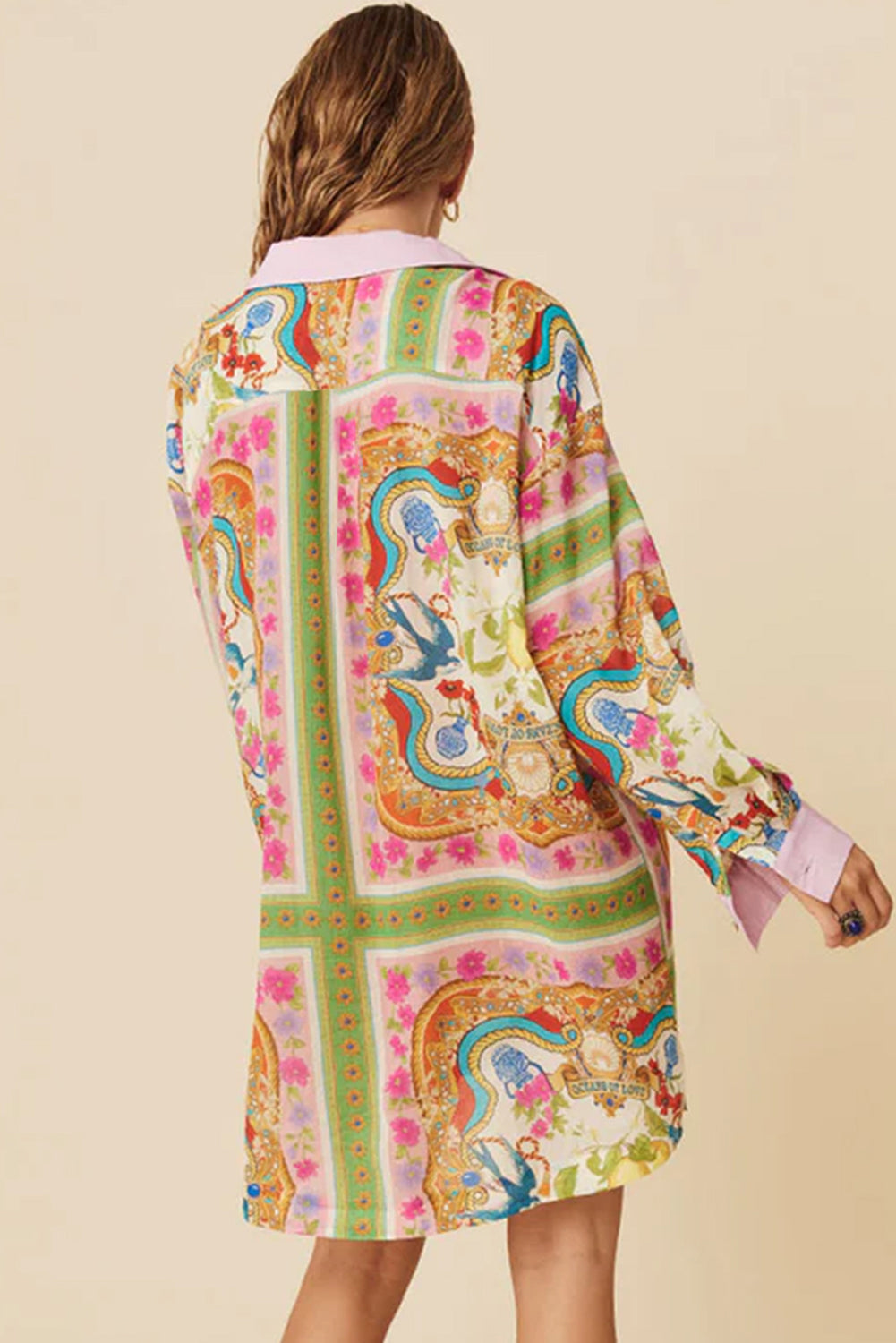 Multicolour Boho Floral Print Buttoned Long Sleeve Shirt Dress eAura