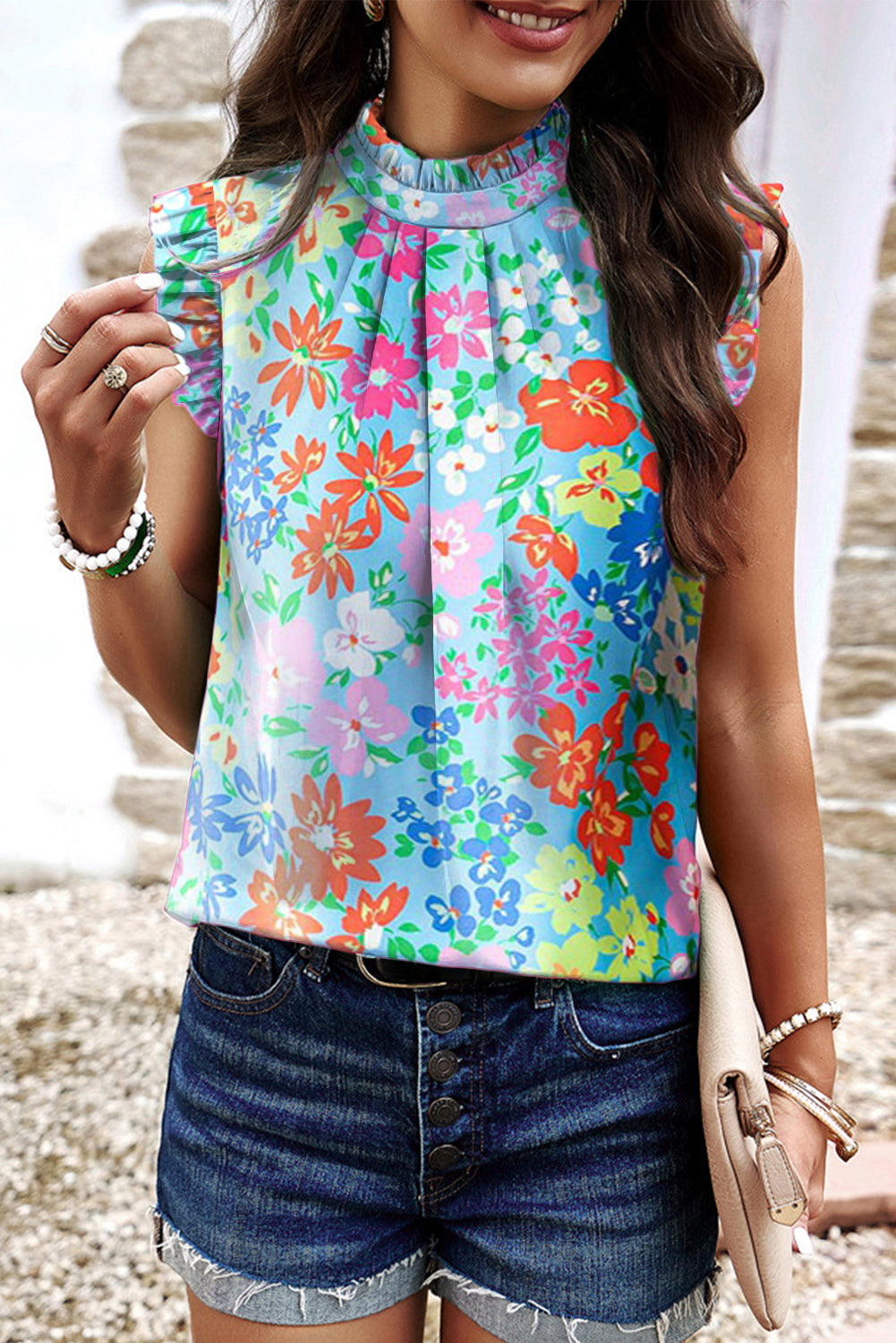 Sky Blue Frilled Collar Floral Vest eAura