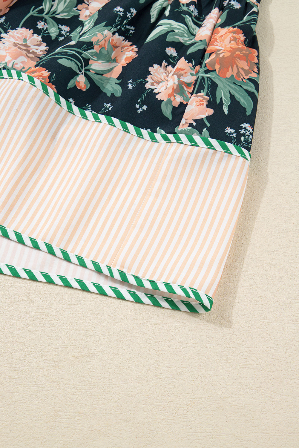 Floral Print Striped Trim V-Neck Long Sleeve Ruffle Hem Shift Mini Dress - eAura