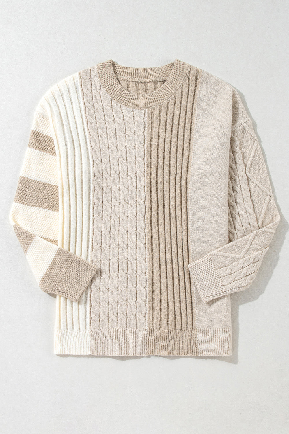 Khaki Cable Knit Colourblock Crew Neck Drop Shoulder Sweater eAura
