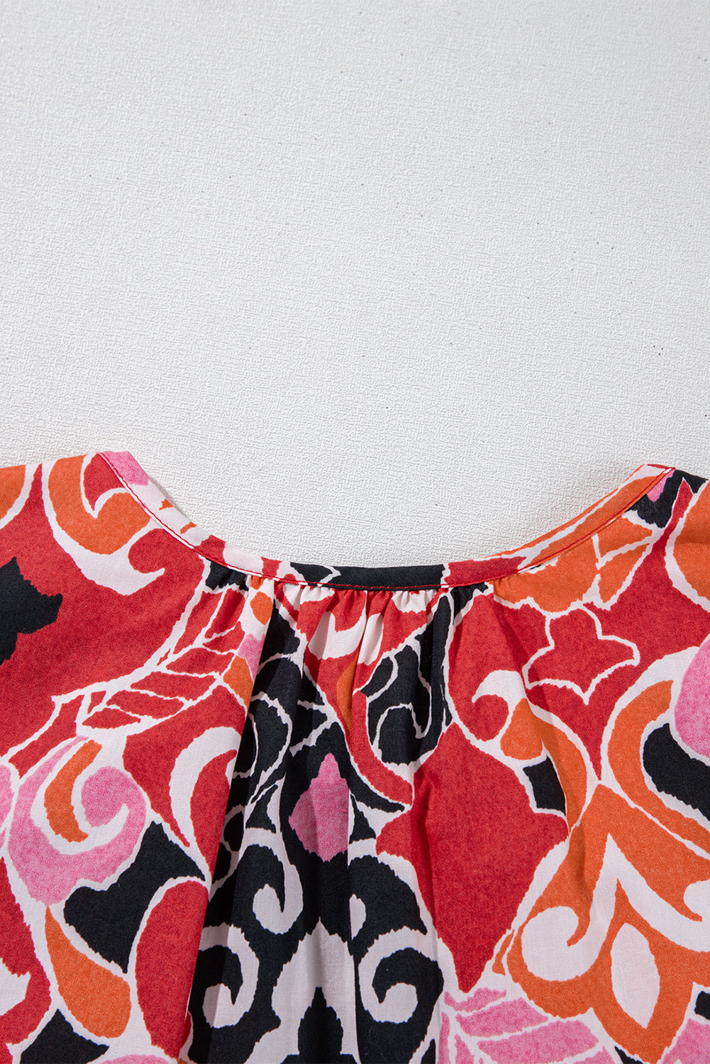 Red Ethnic Print Split Neck Short Puff Sleeve Blouse eAura