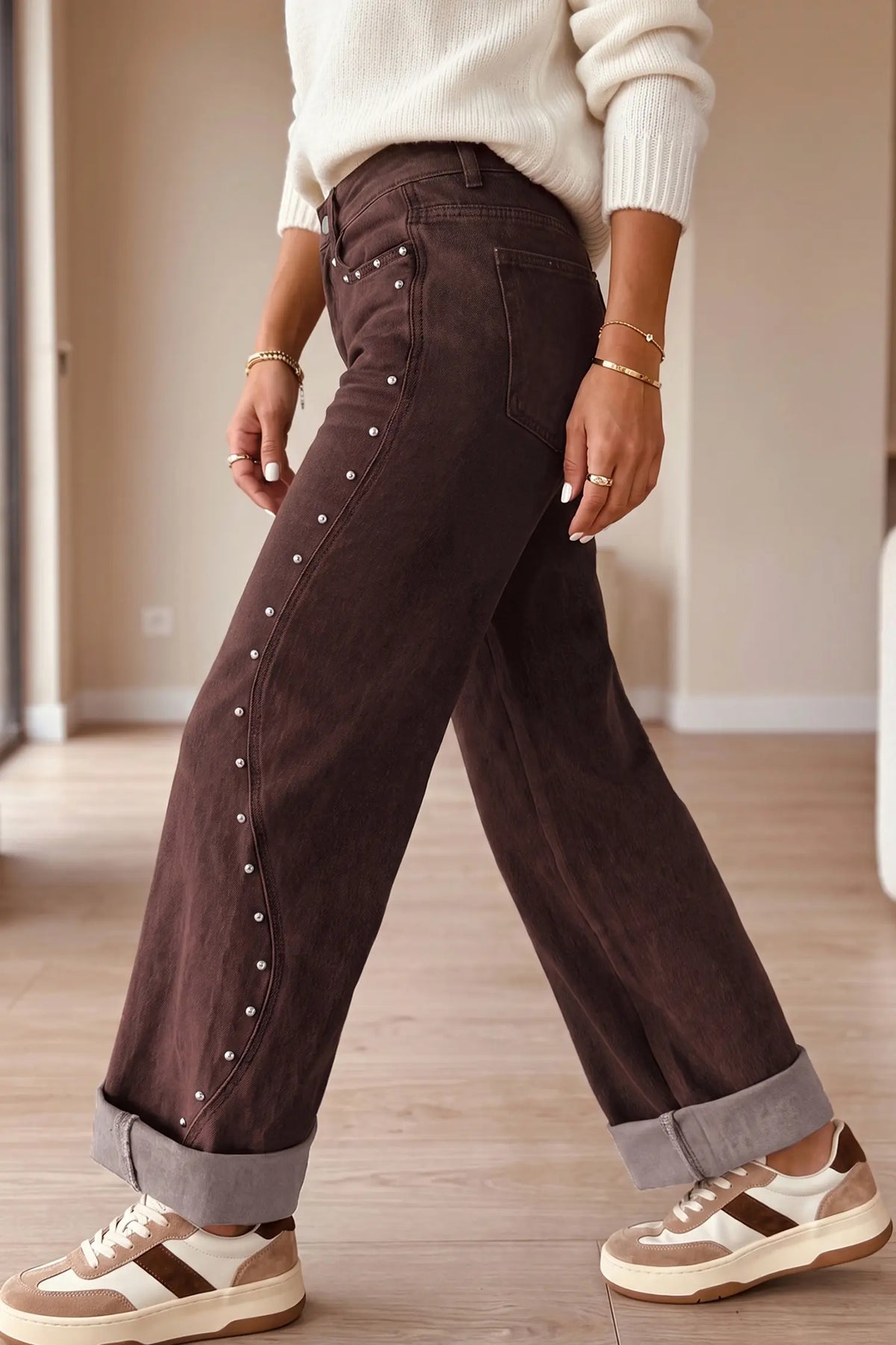 Side Seam Rivet Detail Ankle Length Casual Jeans – Coffee