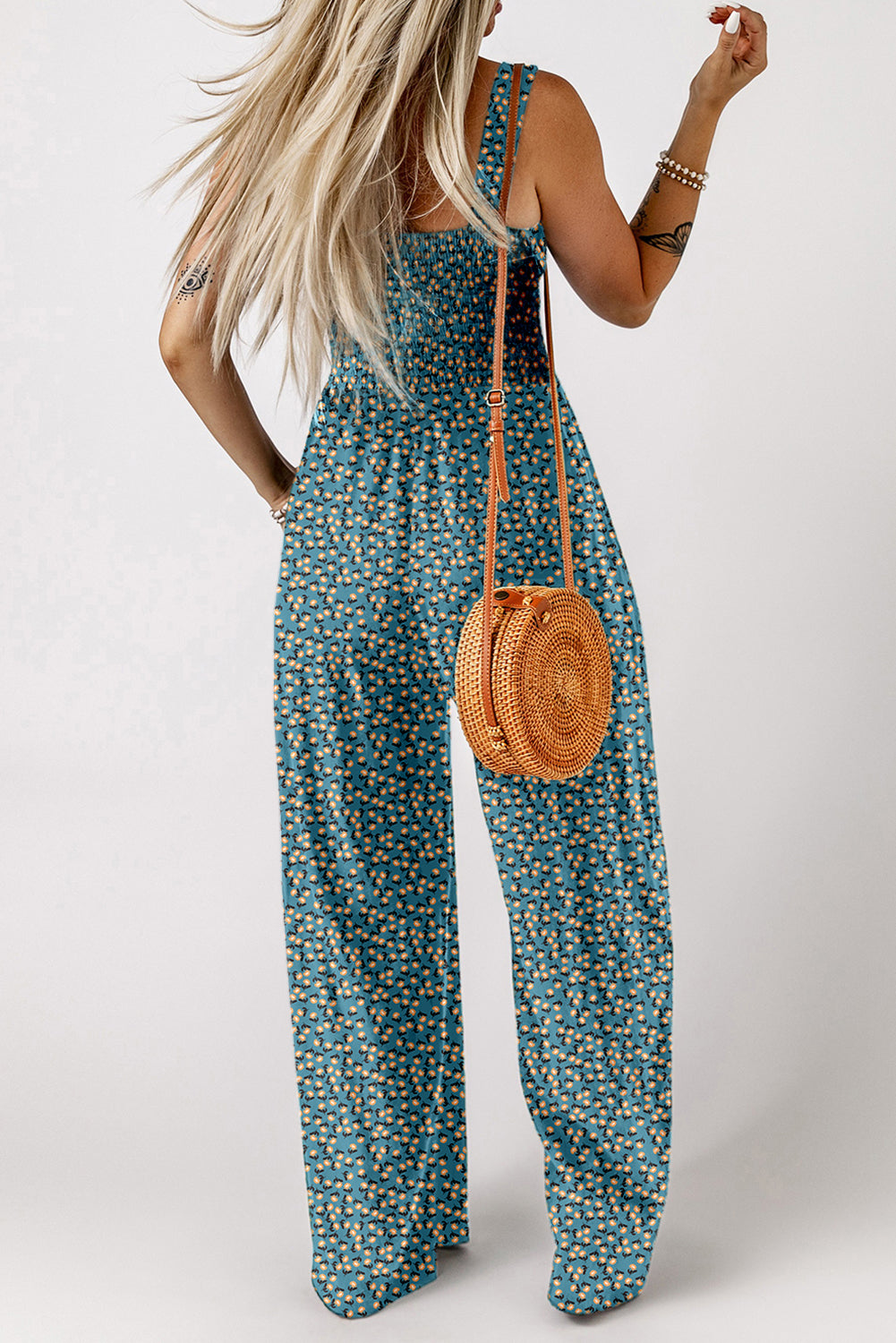 Green Floral Print Smocked High Waist Square Neck Jumpsuit BB Fashion Outlet