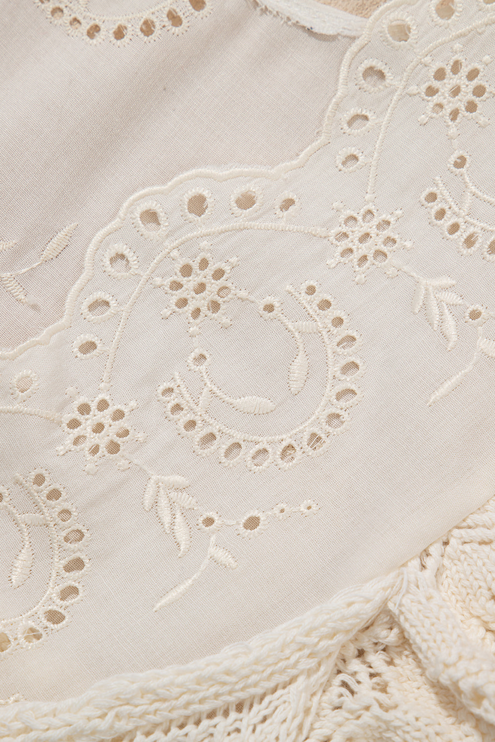 Beige Embroidered Patchwork Hollow Out Knitted Ruffle Top eAura