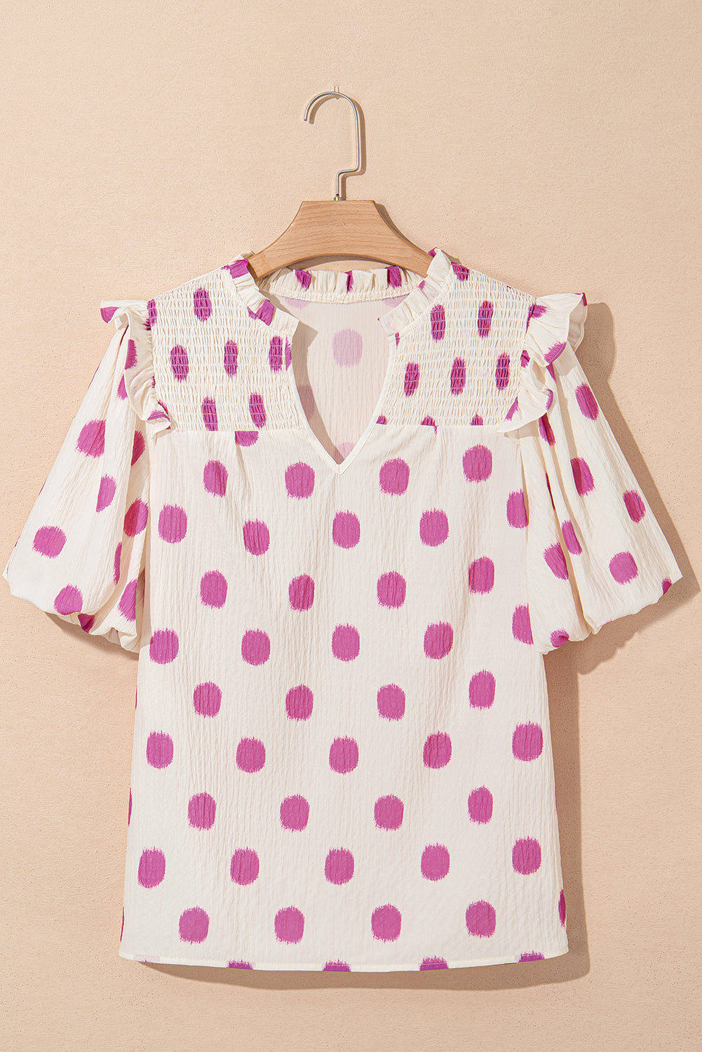Rose Polka Dot Print Shirred Yoke Notched Neck Balloon Sleeve Blouse eAura