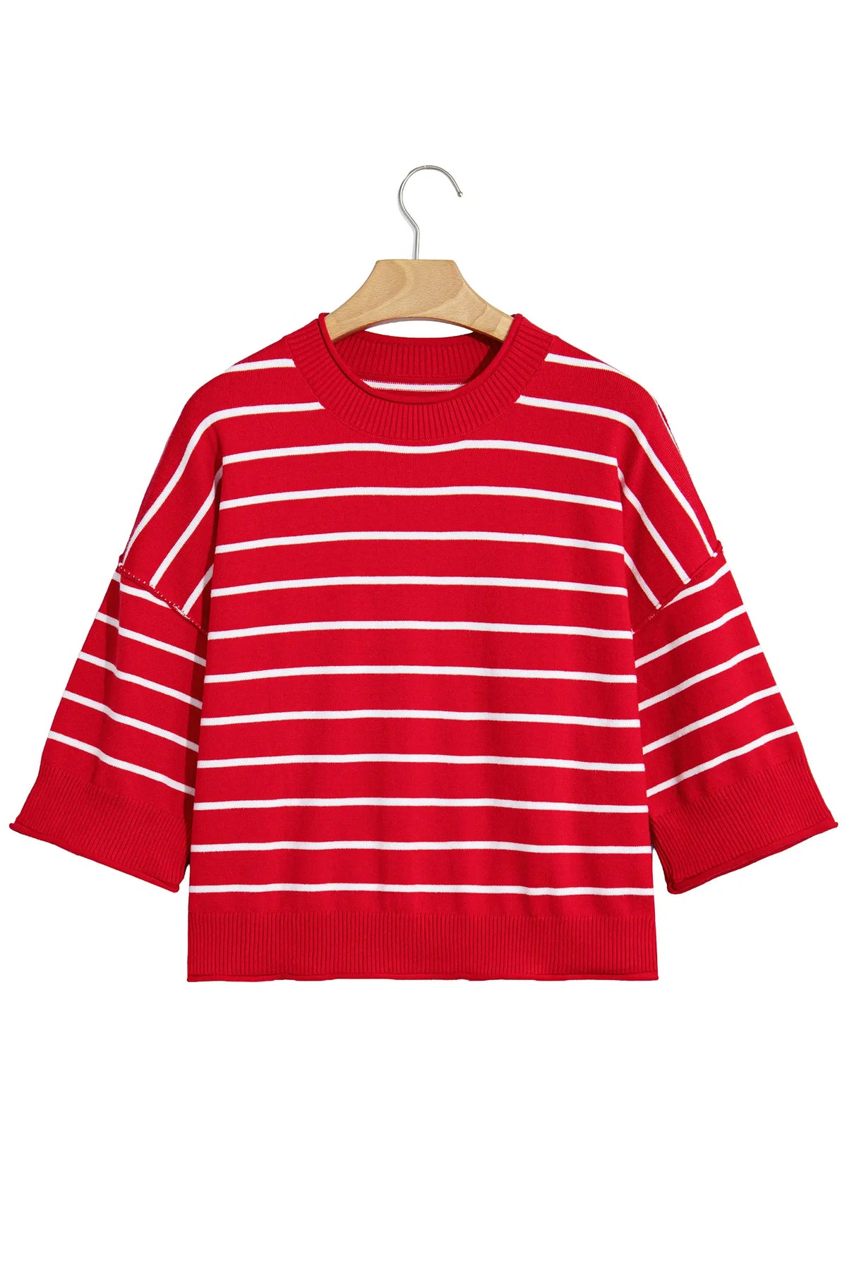 Dropped Shoulder Half Sleeve Relaxed Knit Sweater – Red Stripe