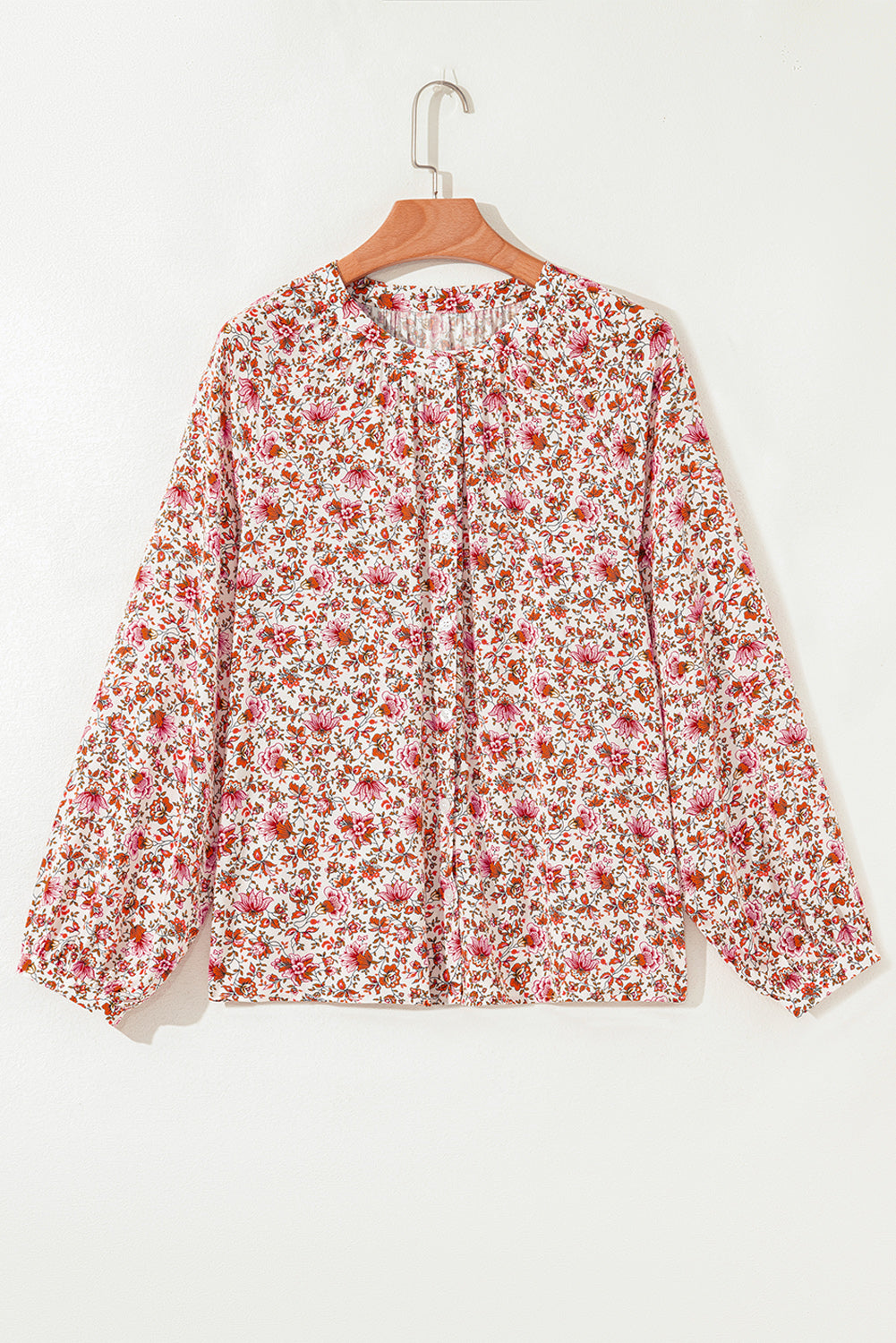 Red Floral Print Pleated Detail Notched Neck Puff Sleeve Blouse - eAura