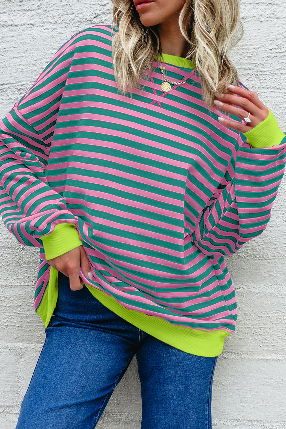 Striped Contrast Ribbed Trim Crossed Stitch Drop Shoulder Sweatshirt - eAura