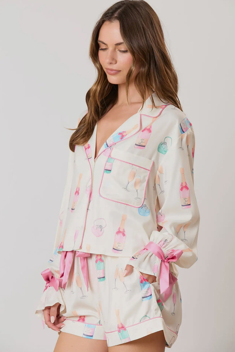 White Christmas Wine Glass Print Bow Knot Two Piece Pyjama Set - eAura
