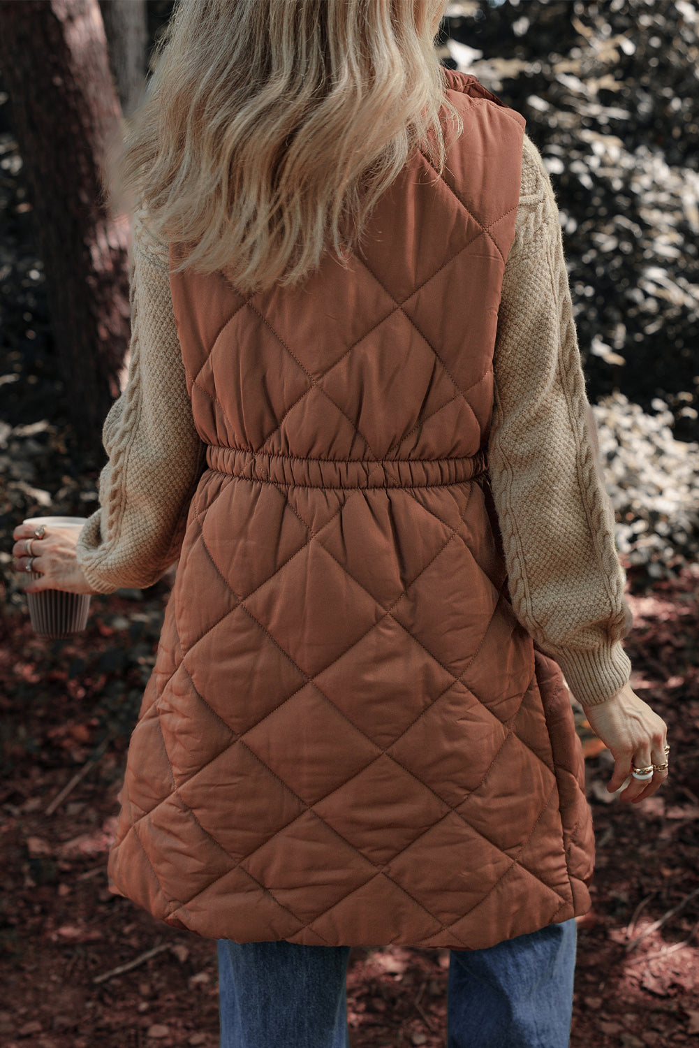 Coffee Longline Quilted Stand Collar Puffer Vest BB Fashion Outlet