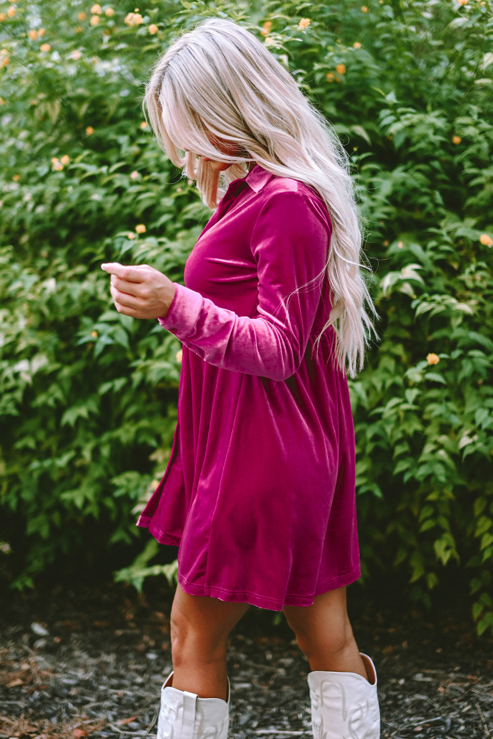 Green Long Sleeve Ruffle Velvet Button Up Dress eAura