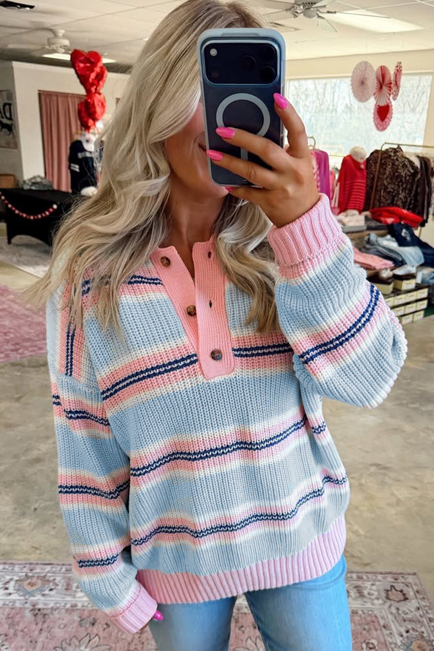 Striped Button Collar Long Sleeve Shift Fit Winter Knitwear Sweater – Sky Blue Stripe