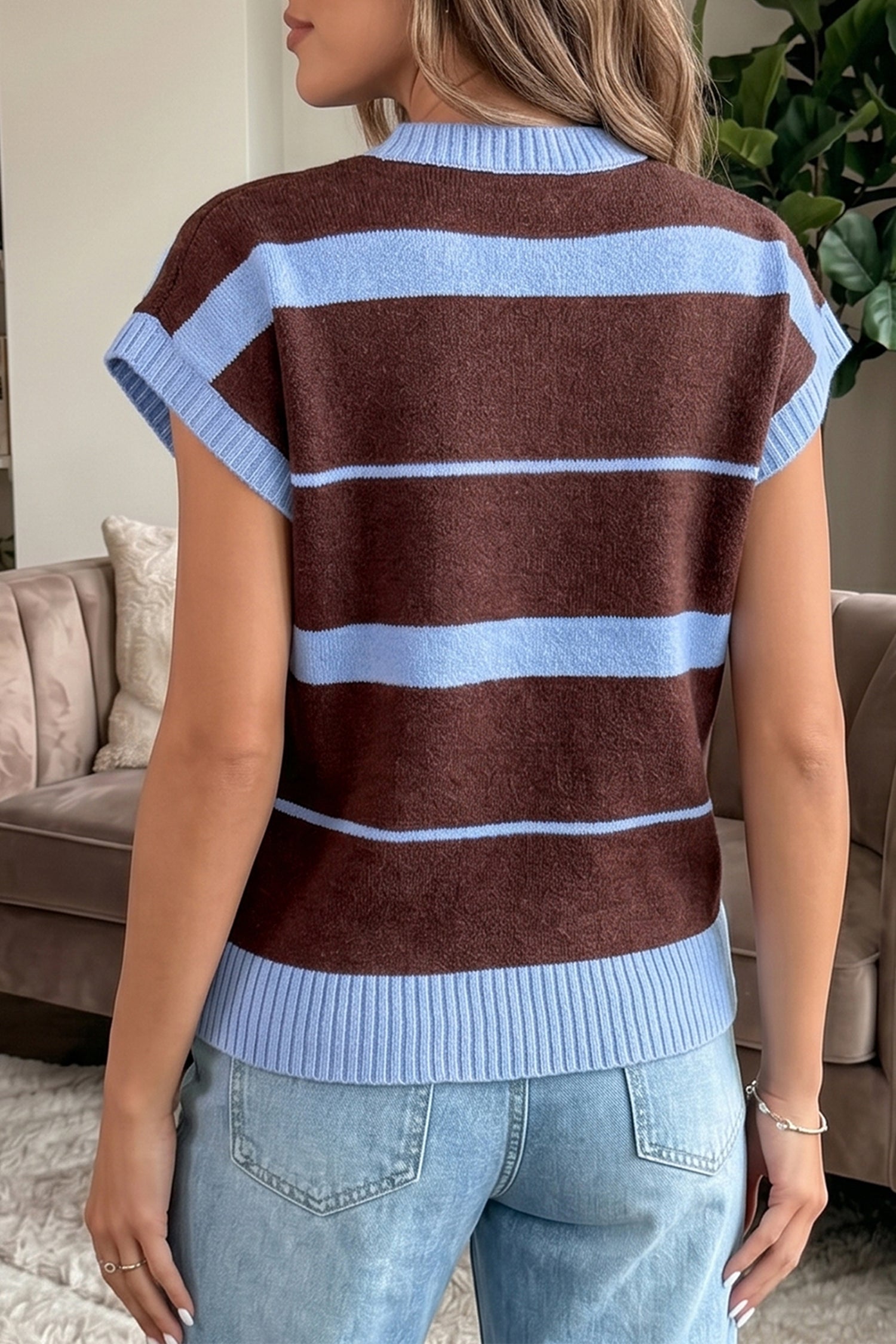 Striped Short Sleeve Round Neck Casual Knit Top – Sky Blue Stripe
