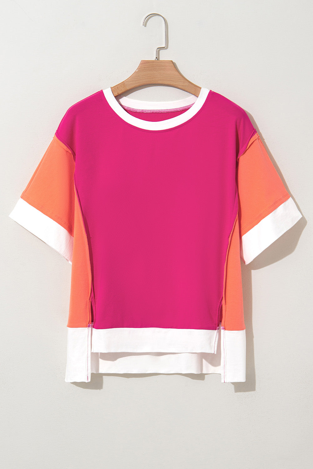 Rose Red Colour Block Patchwork Side Slits Loose Fit T Shirt eAura