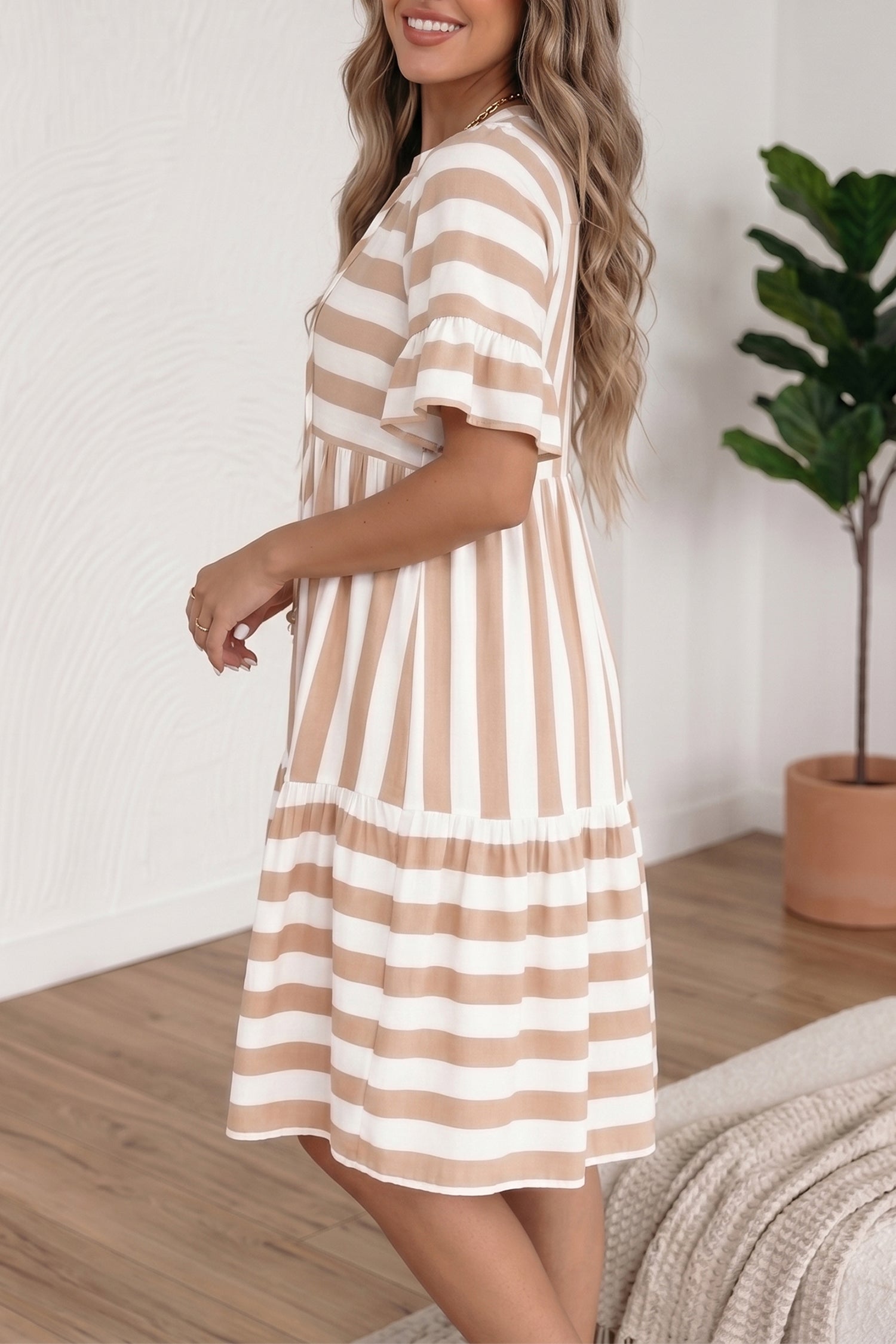 Khaki Stripe V Neck Ruffle Sleeve Flared Summer Dress