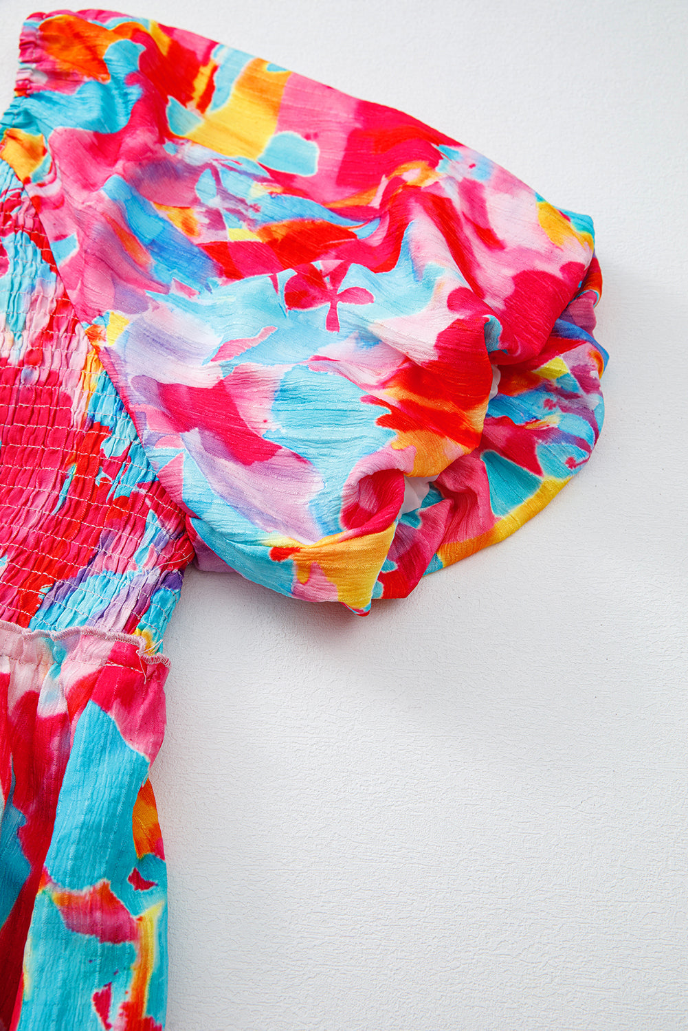 Abstract Print Puff Sleeve Square Neck Smocked Bust Tied Back Dress - eAura