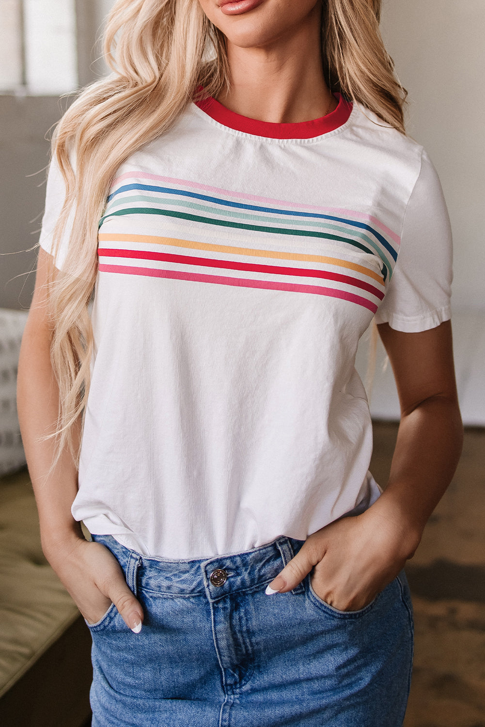 White Rainbow Stripe Print Contrast Crewneck T Shirt eAura