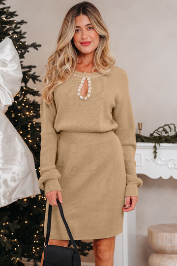 Pearl Embellished Keyhole Ribbed Sweater Dress - eAura