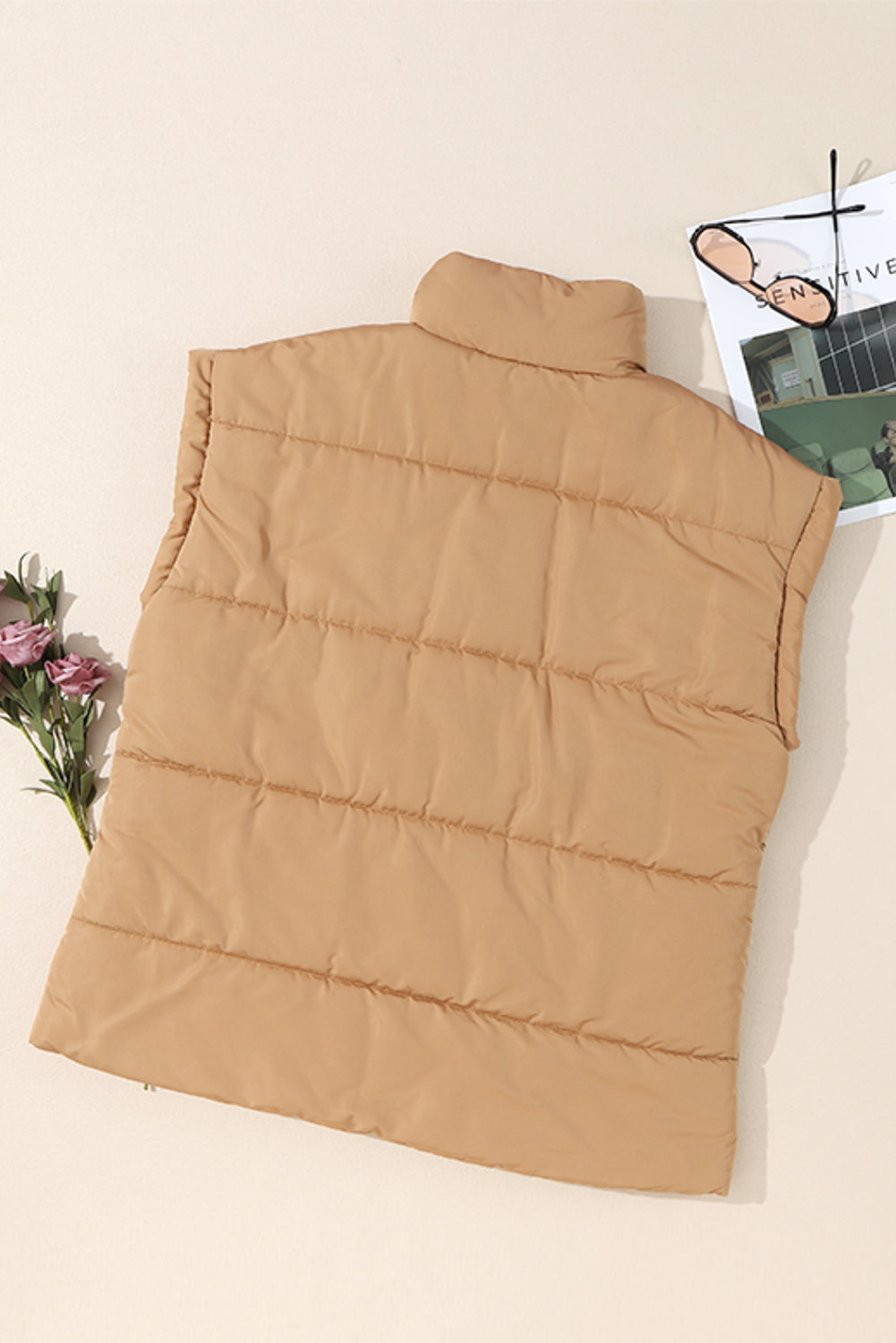 Oversized Stand Collar Zip Winter Vest – Khaki