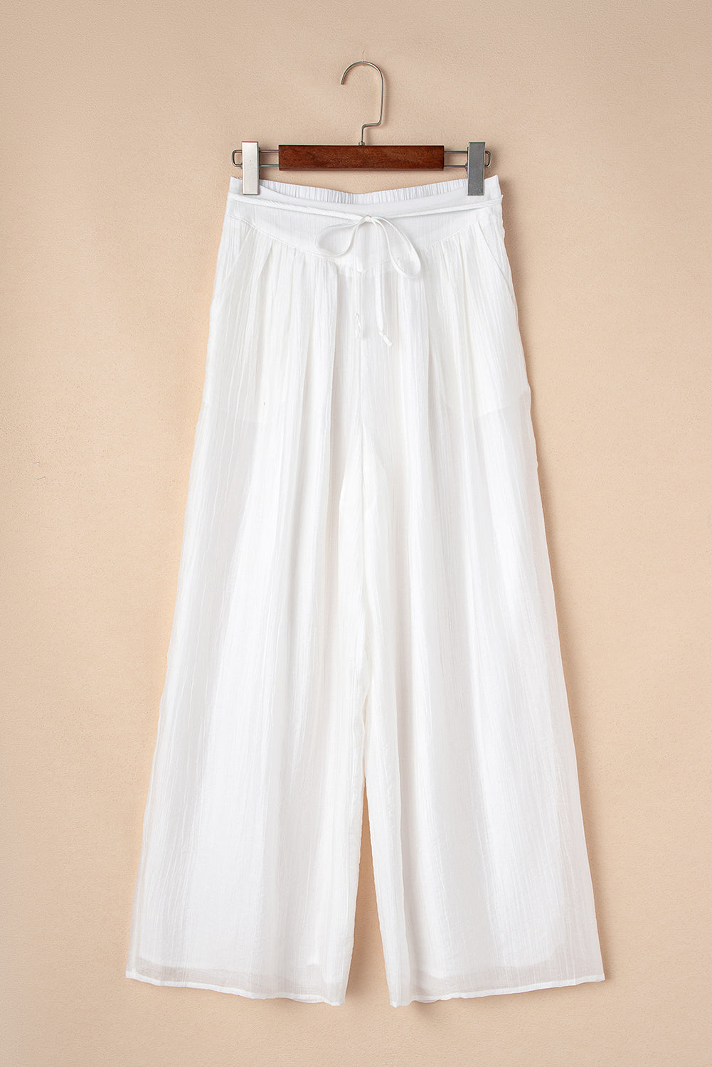 White Casual Tie Waist Pleated Wide Leg Pants BB Fashion Outlet