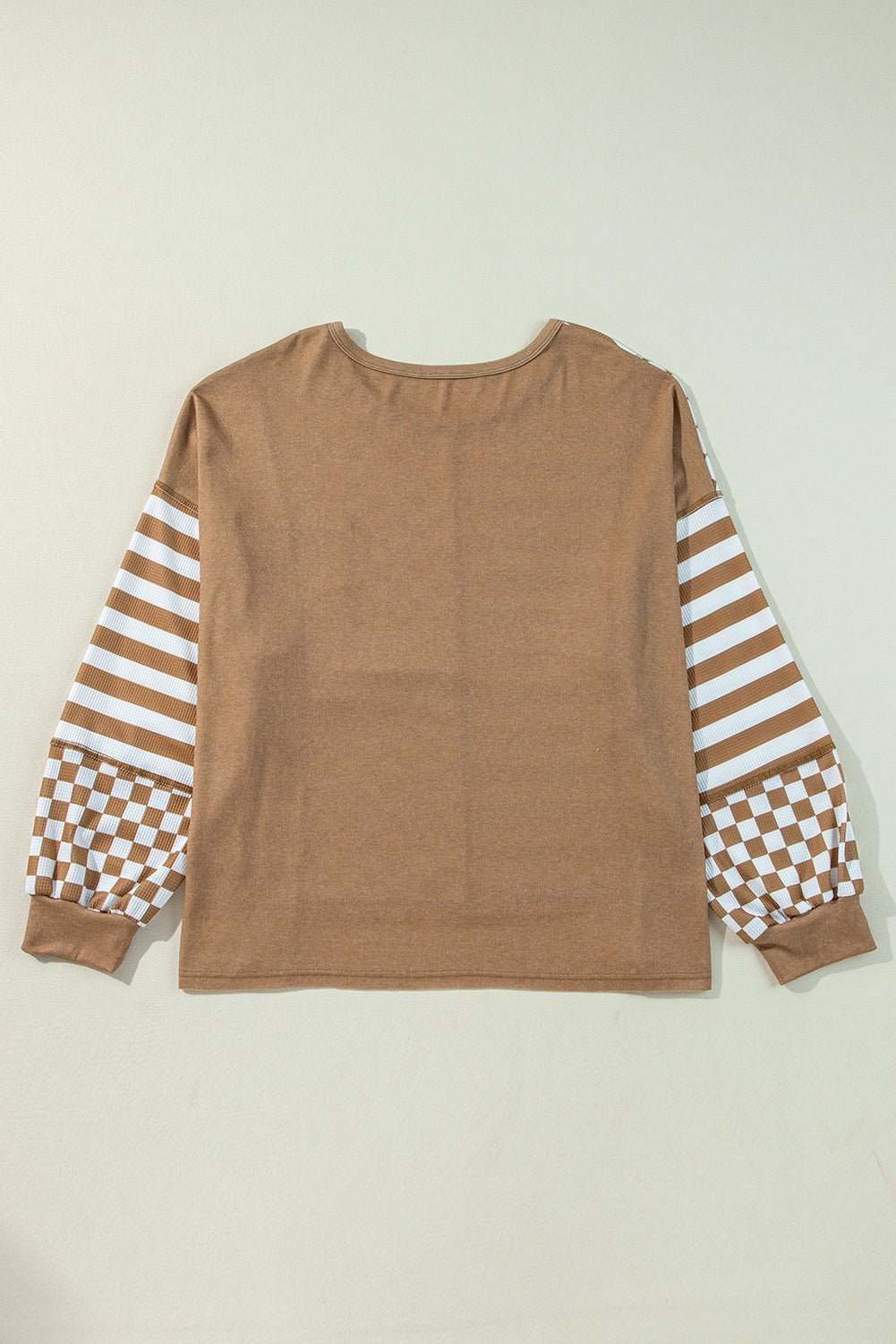 Khaki Striped Checkered Mixed Print Chest Pocket Casual Plus Size Top BB Fashion Outlet