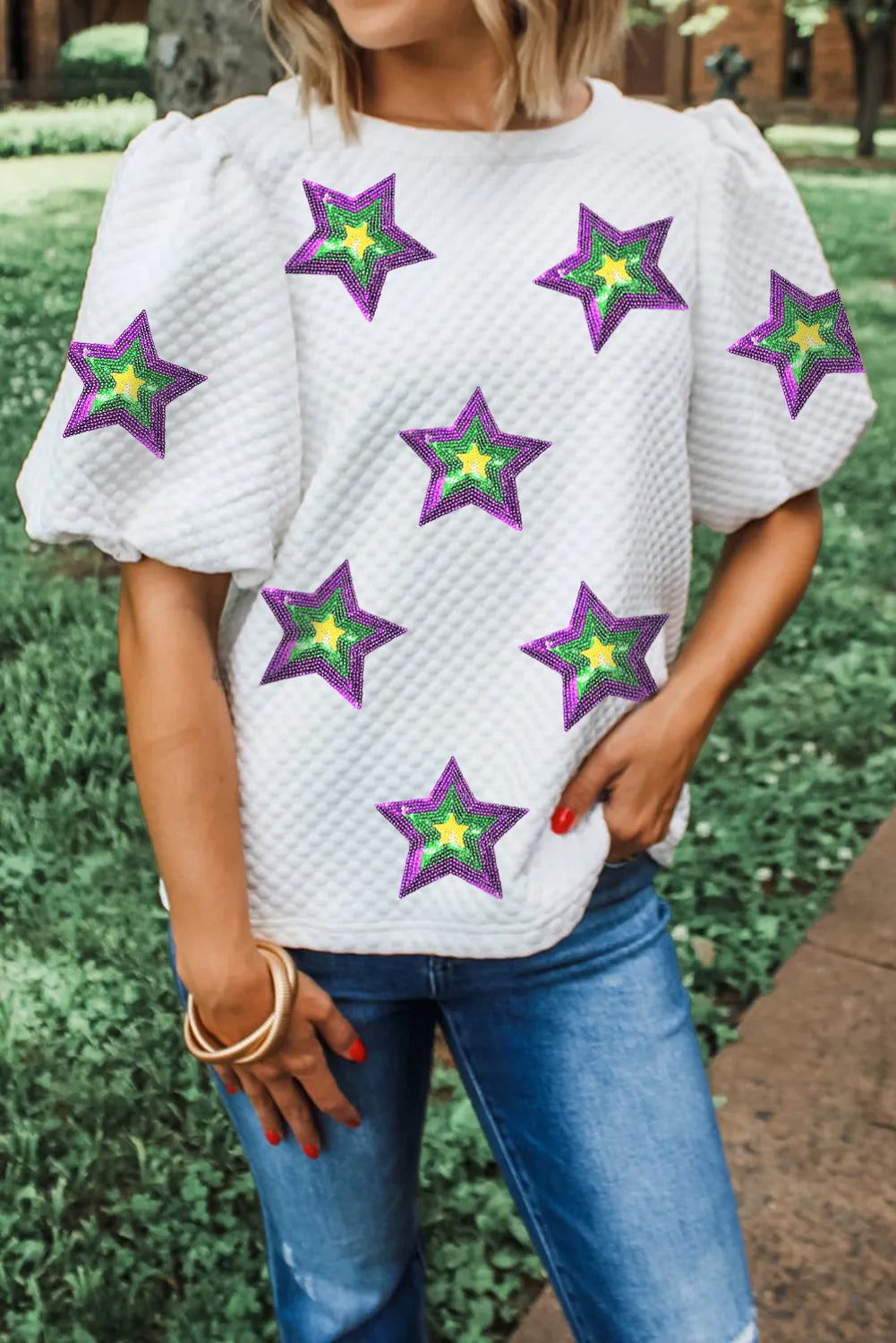 White Textured Sequin Mardi Gras Star Graphic Puff Sleeve Blouse eAura