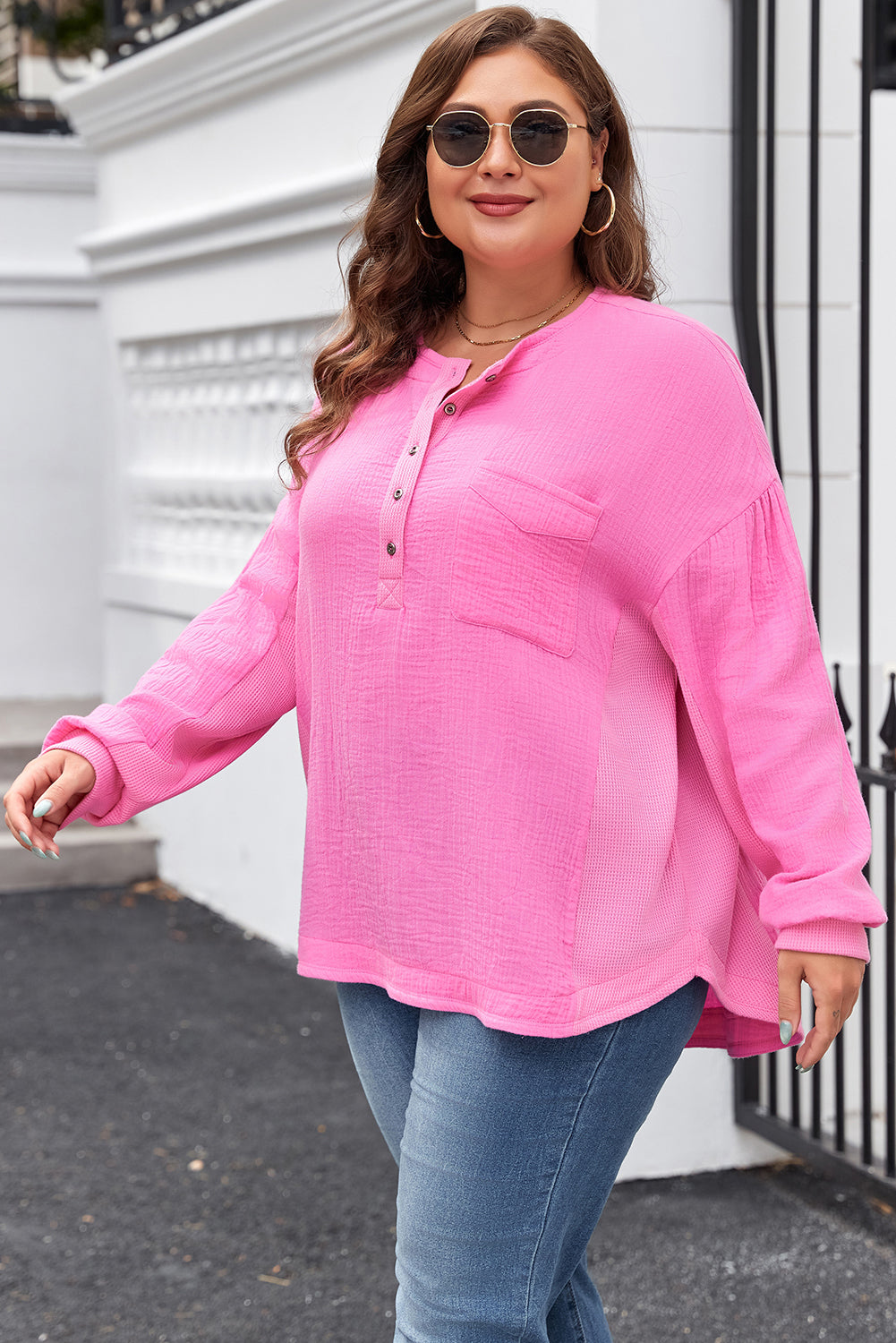 Bonbon Half Buttons Chest Pocket Drop Sleeve Plus Size Top BB Fashion Outlet