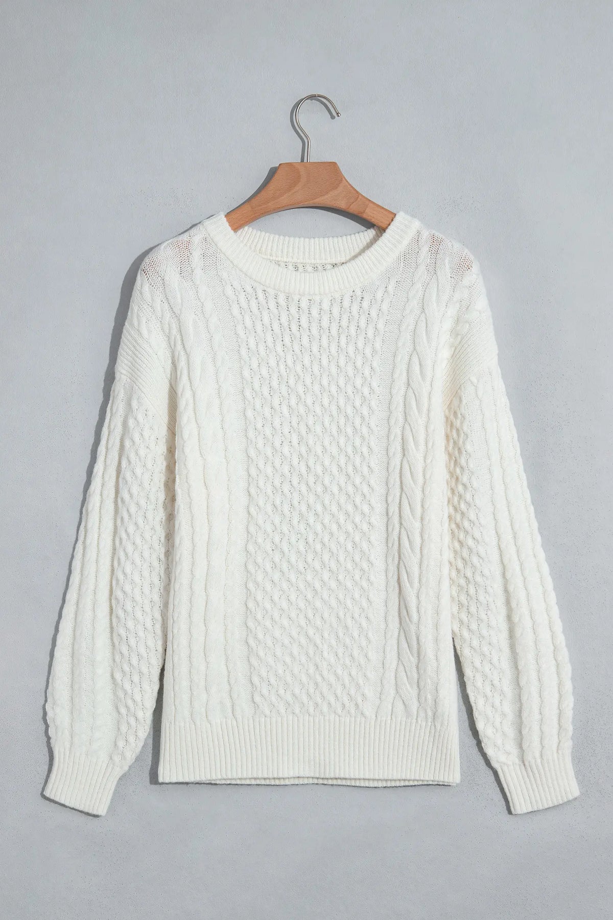 Solid Colour Cable Detail Knit Loose Round Neck Sweater – Beige