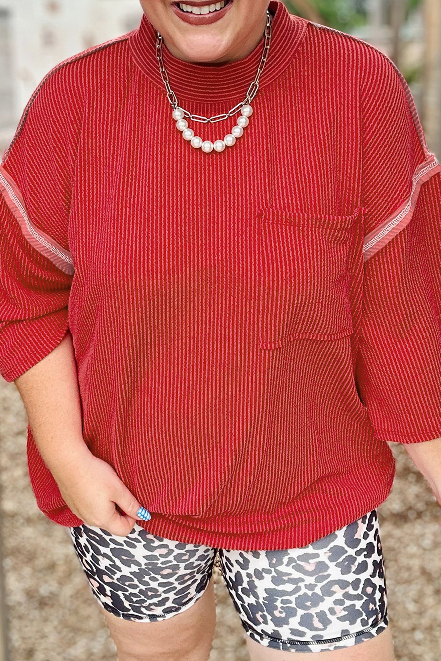 Twist Ribbed Tunic Round Neck Bracelet Sleeve Plus Size Blouse – Fiery Red